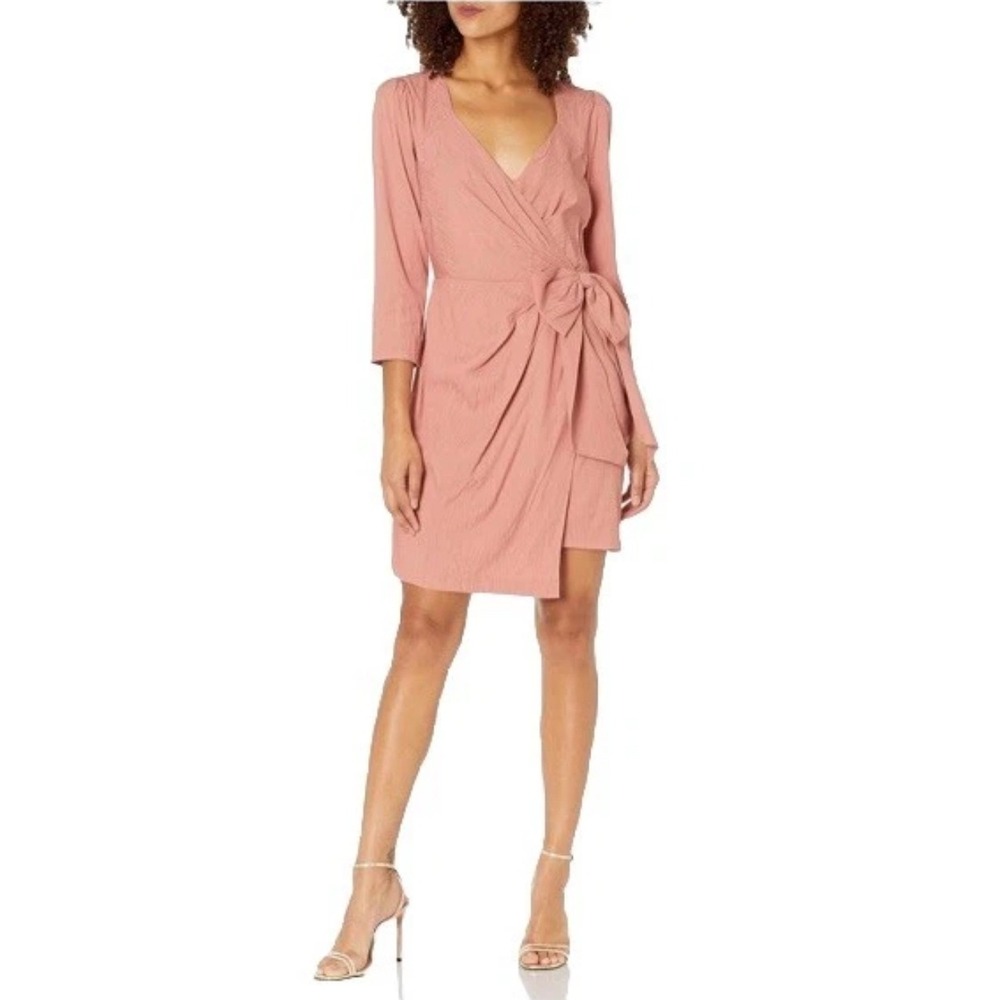 NEW NWT BCBGMaxaria‎ Cameo Faux Wrap Mini Dress Bow 3/4 Sleeve Dusty Rose Size 4
